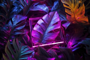 Neon Light Square. Jungle Creative Neon Light With Copy Space.   Creative Fluorescent Color Layout Made of Tropical Leaves With Neon Light Square. Flat Lay. Nature Concept.  Made With Generative AI. 