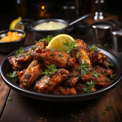 Fototapeta premium Delicious chicken wings with sauce. Generative AI. 