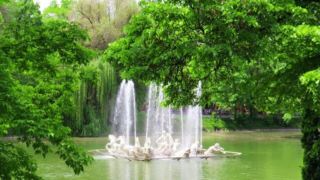 Almaty City Kazakhstan. 12 May 2023 Gorky Central Park in the city of Almaty and fontains 