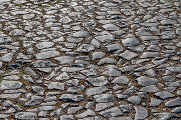 Photograph of old cobblestone pavement, with irregularly shaped cobblestones.