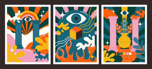 90s groovy posters. Cartoon psychedelic style. Bright hippie characters and retro elements. Trip landscapes with mountains, sun rays,plants, trip wave. Vector collection	