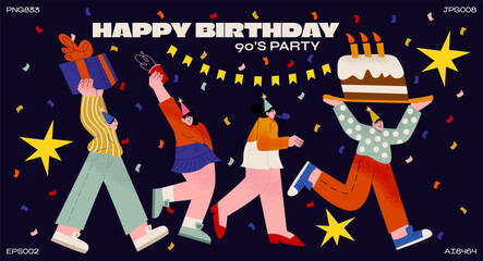 Happy people retro characters birthday party 90s. Disco groovy style, gifts, sweets. Vintage illustration, fun disco holiday friends