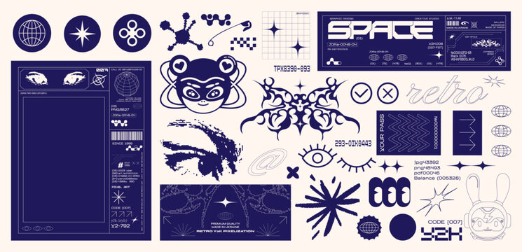 Retro futuristic elements for design. Big collection of abstract graphic geometric symbols and objects in y2k style. technology frame for design. HUD frames in Ski-Fi style, GUI, FUI