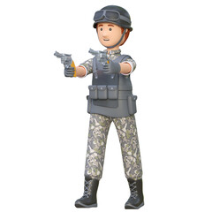 soldier holding dual revolver hand gun 3d cartoon illustration