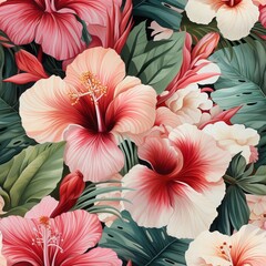 Seamless floral pattern with tropical flowers, watercolor