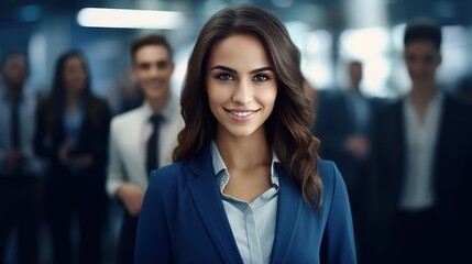 portrait of a business woman in front of business team, smiling