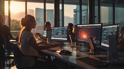 Fototapeta premium A scene showcasing a team of software developers coding, collaborating, and testing applications in a modern development environment