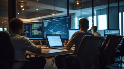 A scene showcasing a team of software developers coding, collaborating, and testing applications in a modern development environment