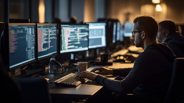 A scene showcasing a team of software developers coding, collaborating, and testing applications in a modern development environment