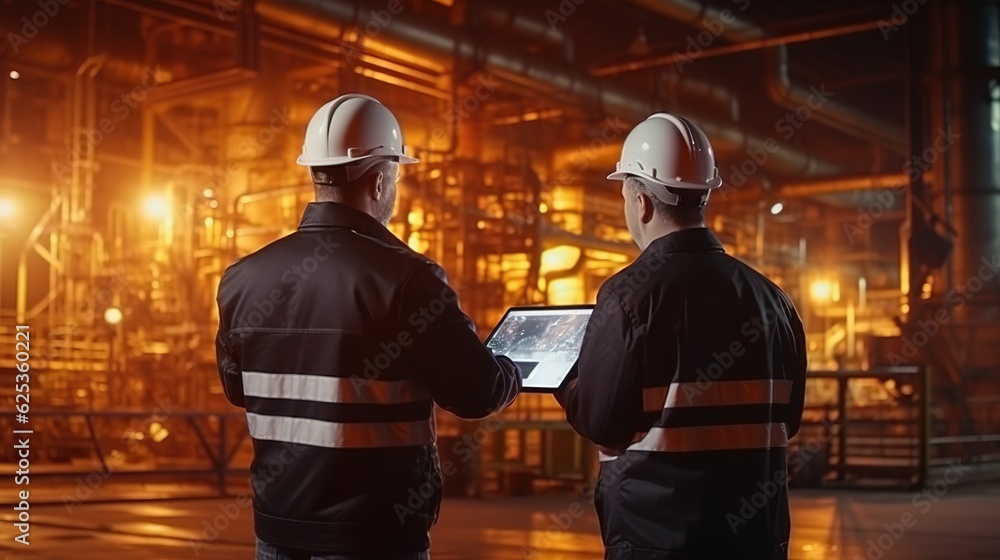 Poster heavy Industry Engineers Stand in Pipe Manufacturing Factory, Use Digital Tablet Computer, Have Discussion. Large Pipe Assembled. Design and Construction of Oil, with generative ai