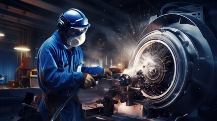 Industrial worker in manufacturing plant grinding to finish a pipeline with generative ai