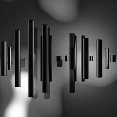 Black and white 3D abstract art with red metal cylinders on abstract background.