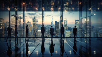 men and women in suits walking in a glass office. City view is seen on the foreground with generative ai