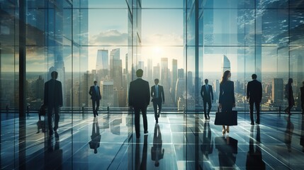 men and women in suits walking in a glass office. City view is seen on the foreground with generative ai