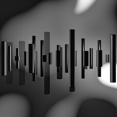Black and white 3D abstract art with red metal cylinders on abstract background.