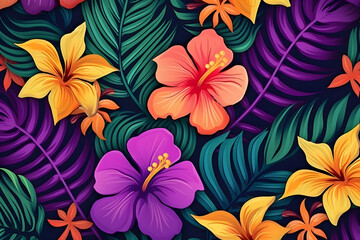 Exotic bright floral pattern illustration. Vibrant colors of various leaves and flowers background. Multicolor wild wallpaper created with Generative AI