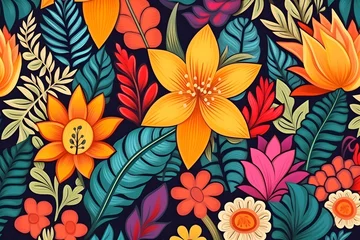 Wandaufkleber Exotic bright floral pattern illustration. Vibrant colors of various leaves and flowers background. Multicolor wild wallpaper created with Generative AI © Ayrum.Design