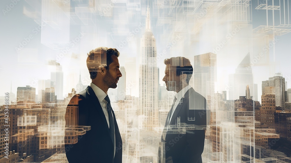 Poster multiple exposure shot of two architects in a building superimposed on a cityscape with generative a