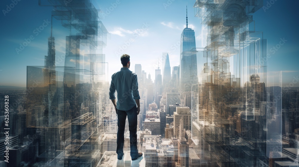 Poster multiple exposure shot of two architects in a building superimposed on a cityscape with generative a