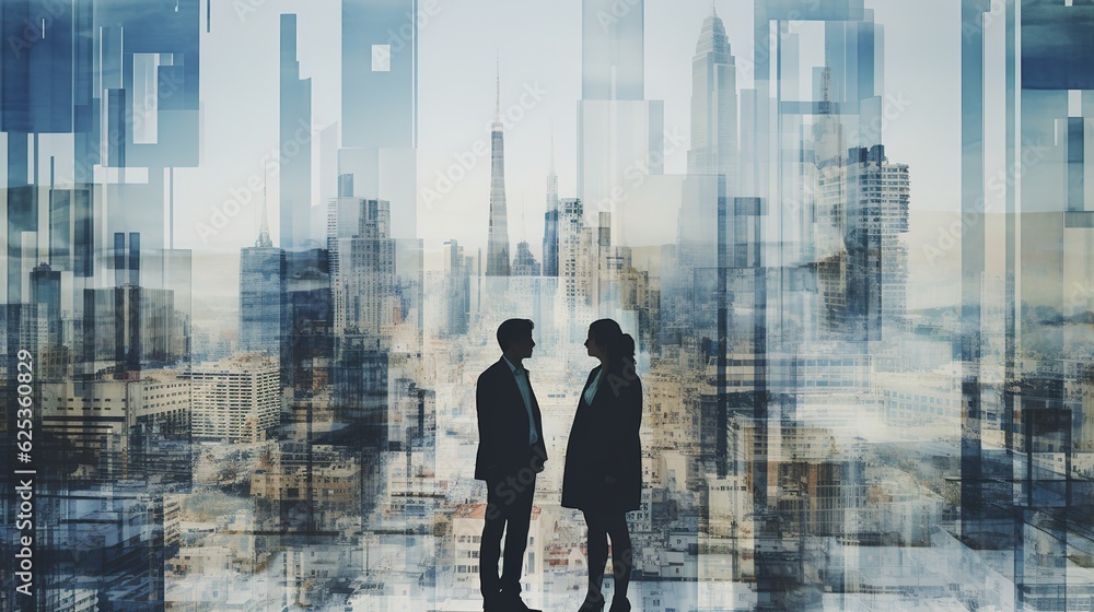 Poster multiple exposure shot of two architects in a building superimposed on a cityscape with generative a