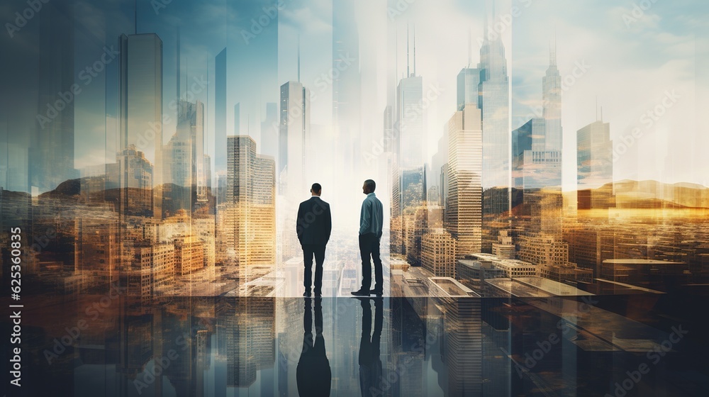 Poster multiple exposure shot of two architects in a building superimposed on a cityscape with generative a
