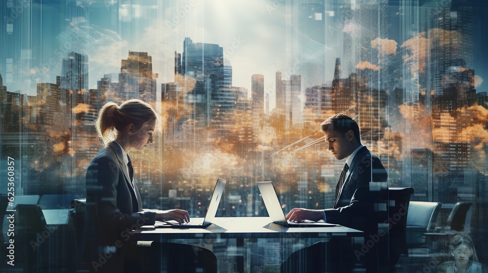 Poster multiple exposure shot of two young businesspeople working on computers superimposed over a cityscap
