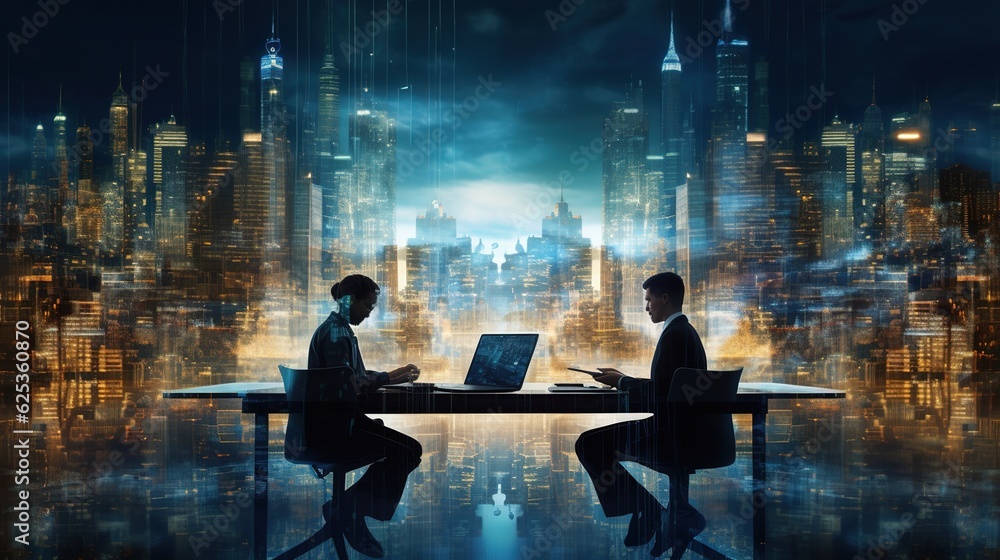 Poster multiple exposure shot of two young businesspeople working on computers superimposed over a cityscap