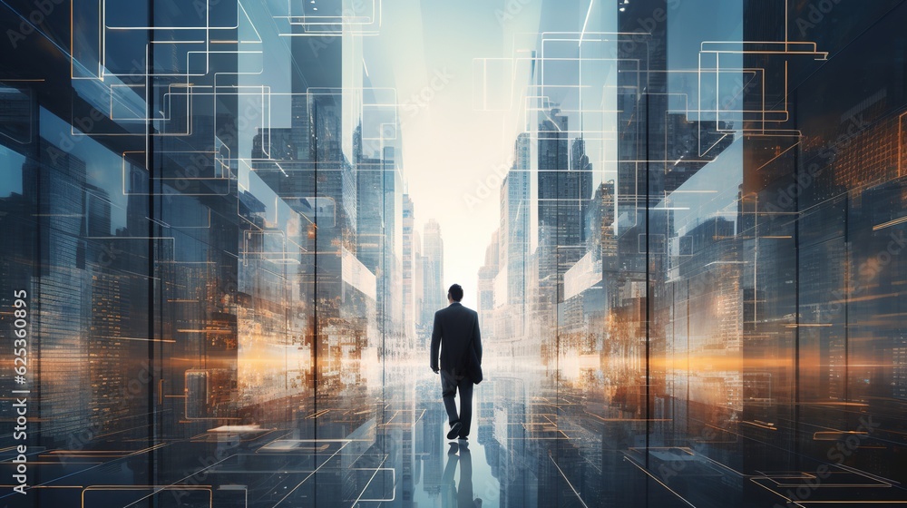 Canvas Prints Multiple exposure shot of young engineer walking through a digitally generated urban scene with generative ai