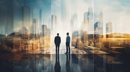 Multiple exposure shot of two architects in a building superimposed on a cityscape with generative ai