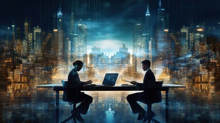 Multiple exposure shot of two young businesspeople working on computers superimposed over a cityscape with generative ai