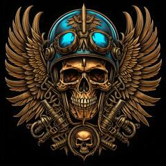A close up of a golden skull wearing a helmet. Dieselpunk art style, dieselpunk, steampunk art, dark video game icon design.