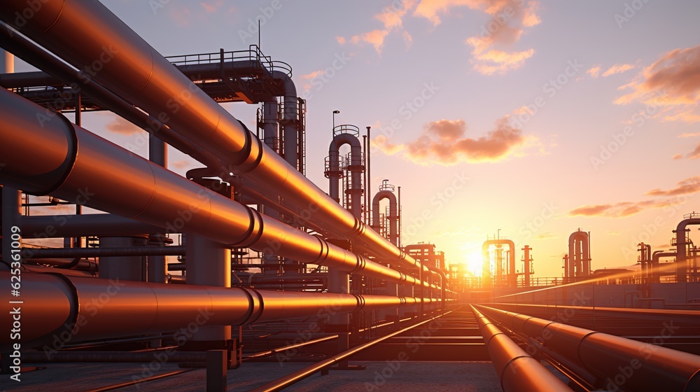 Poster Gas Pipeline and pipe rack of petroleum industrial plant with sunset sky background with generative ai