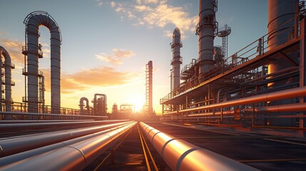 Fototapeta na wymiar Gas Pipeline and pipe rack of petroleum industrial plant with sunset sky background with generative ai
