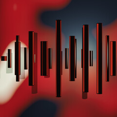 Colorful 3D abstract art with red metal cylinders on abstract background.