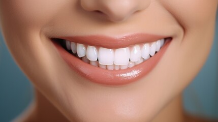 Obraz premium Skincare, teeth and woman face, beauty and natural dental veneers in studio background. Oral health, healthcare or woman model happy mouth with clean teeth hygiene with generative ai