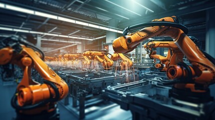Industrial welding robots in production line manufacturer factory with generative ai