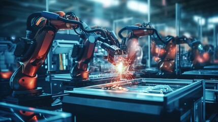 Industrial welding robots in production line manufacturer factory with generative ai