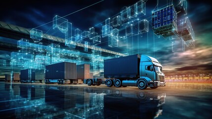 Transportation and logistic network distribution growth. Container cargo ship and trucks of industrial cargo freight for shipping. Business logistic import export with generative ai - obrazy, fototapety, plakaty