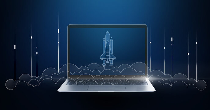 Business startup concept. Illustration of launching rocket with smoke over laptop against blue gradient background, banner design - Powered by Adobe