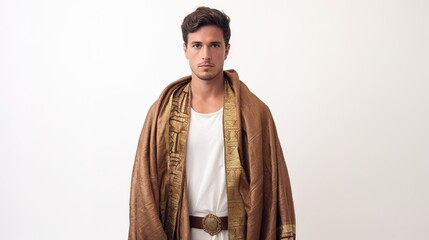 Obraz premium young man dressed in Islamic traditional clothing posing against a at white background with generative ai