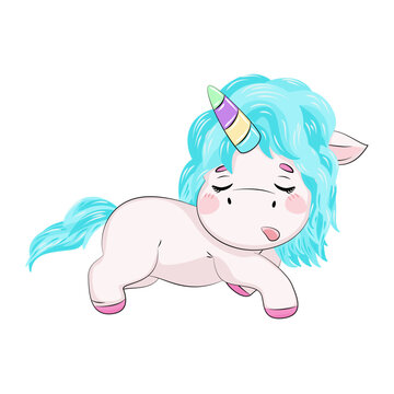 Kresk&oacute;wkowy uroczy jednorożec w stylu kawaii. Śpiący mały kucyk. Ilustracja wektorowa na białym tle.