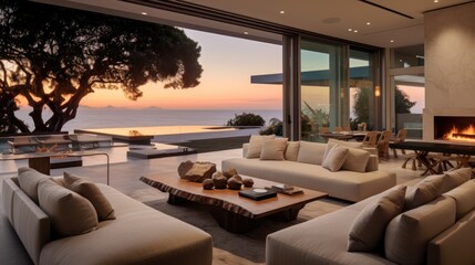 Fototapeta na wymiar Contemporary villa with floor to ceiling windows offering breathtaking views of the ocean in Malibu, California