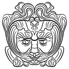 Mask of Green Man from Augsburg, Germany. Medieval Celtic motif. Foliate head of pagan god of nature and vegetation. Black and white linear silhouette.