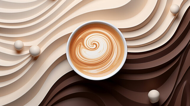 Coffee-themed Vibrant 3D Art in Deep Mocha and Cream Hues: Vibrant and Minimalistic Design Perfect for Modern Interiors, Decorative Prints, and Contemporary Beverage Themes