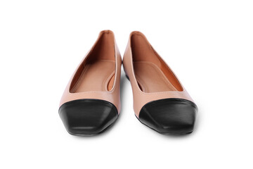Pair of new stylish square toe ballet flats on white background