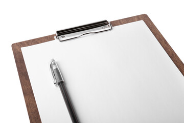 Wooden clipboard with sheet of paper and pen isolated on white. Space for text