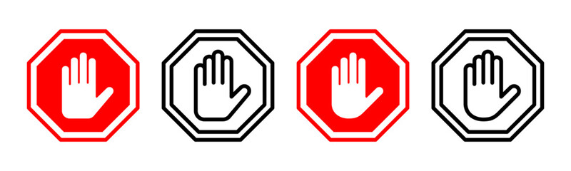 Obraz premium Stop icon set illustration. stop road sign. hand stop sign and symbol. Do not enter stop red sign with hand