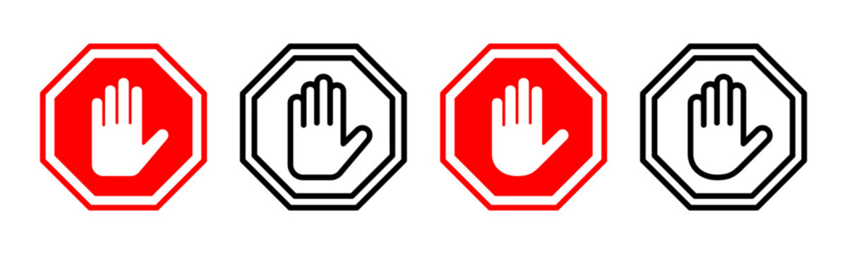 Stop icon set illustration. stop road sign. hand stop sign and symbol. Do not enter stop red sign with hand