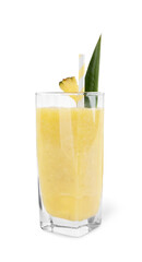 Glass of tasty pineapple smoothie isolated on white