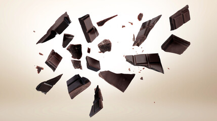 Broken chocolate bar pieces falling on beige background, banner design